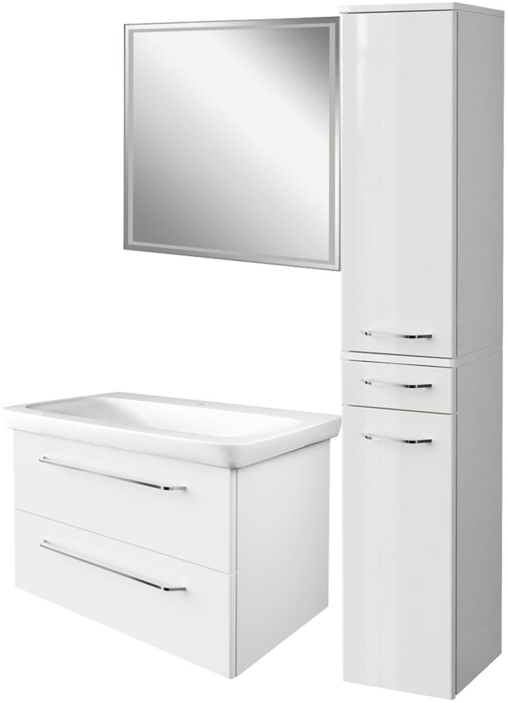 FACKELMANN MILANO Badmöbel Set 4-teilig, 88 cm breit, Weiß, Waschbecken Keramik, LED-Spiegel + Hochschrank Bild 1