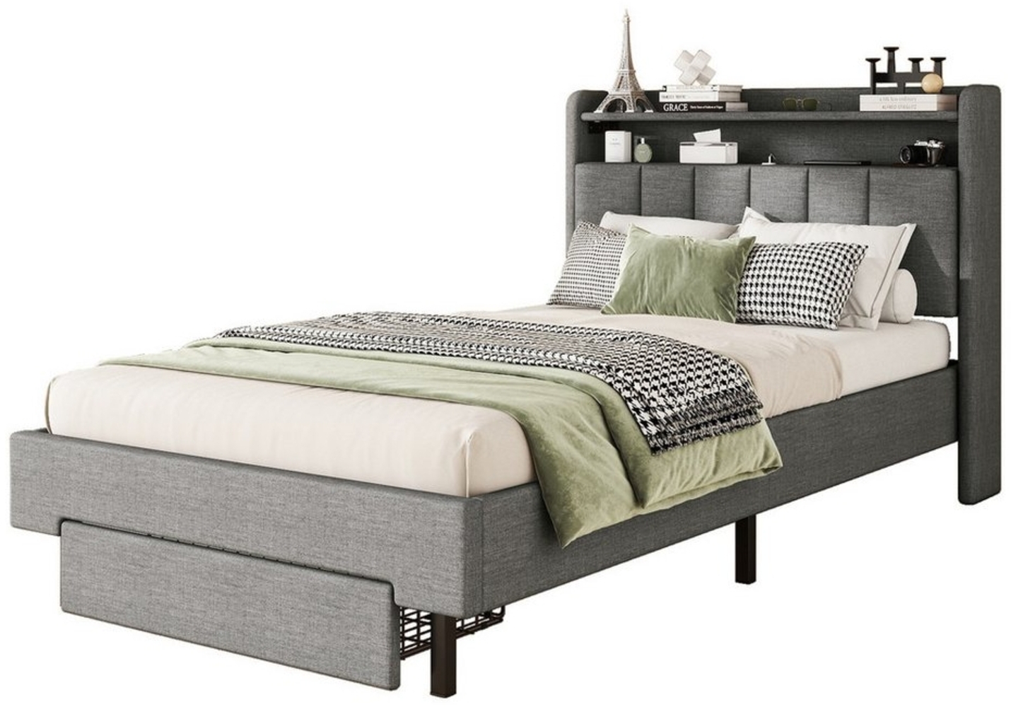 REDOM Polsterbett Stauraumbett Flachbett Gästebett (LED-Wärmelampe, USB-Steckdose, aufklappbares Kopfteil, eingebautes Staufach, Bettkästen 90x200 cm), ohne Matratze Bild 1
