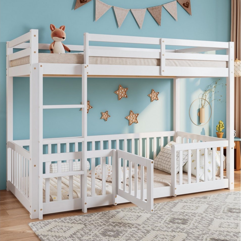 TavilaEcon Etagenbett Kinderbett mit Zäune und Türchen, rechtwinkliger Treppe, mit Fallschutz und Gitter, Massivholz, weiß, 90x200cm Bild 1