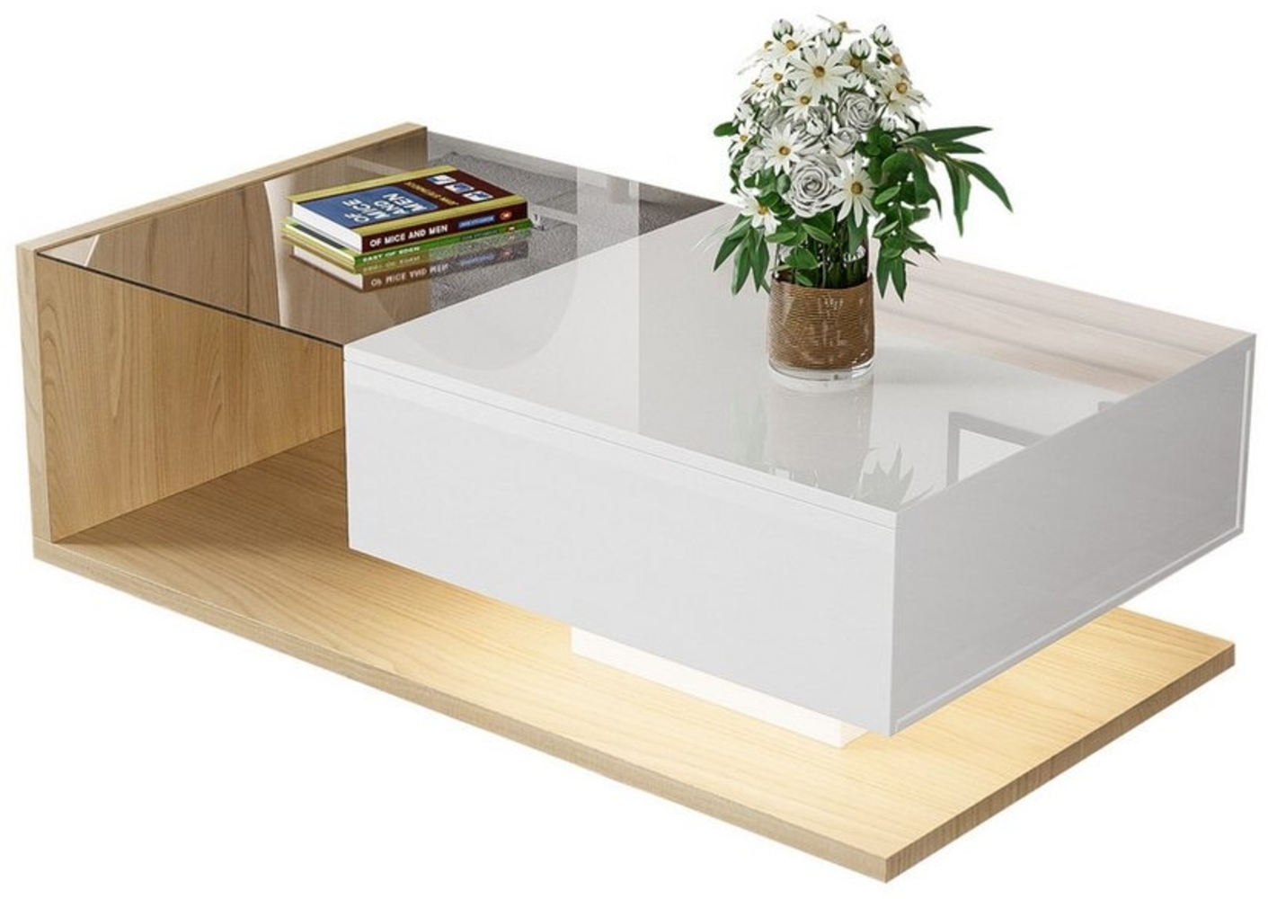 HAUSS SPOLE Couchtisch in Hochglanz mit Glas und LED-Leuchten und 1Schublade, weiß und Holz (Wohnzimmertisch, 1-St, 105*55*32,5cm), mit Glastischplatte, Schublade und 16-farbigen variablen LED-Leuchten Bild 1