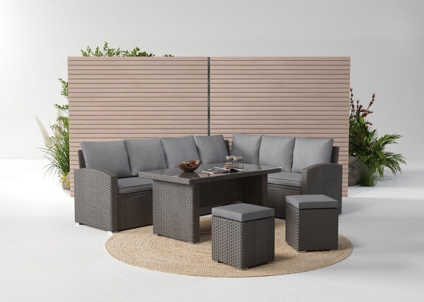 KONIFERA Gartenlounge-Set London, (Set, 17-tlg, 2x3er Sofa, 2x Hocker, 1x Tisch 140 x 80 x 66 cm, inkl. Auflagen), inkl. Schutzhülle, Aluminium, Polyrattan Bild 1