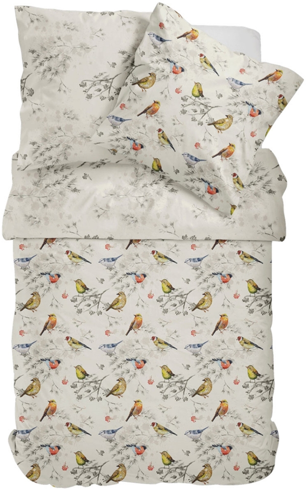 Bettwäsche Mako Satin Sympathica 11477 Vögel natur blau gelb 135x200 Bild 1