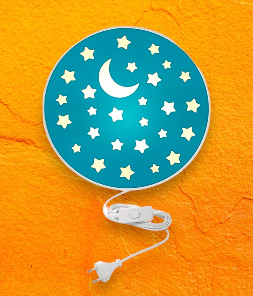 Kinderzimmer Wandlampe mit Mond & Sternen Blaugrün Schalter und Stecker Ø 25cm Bild 1