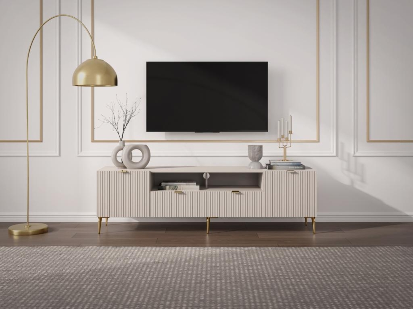 Vente-unique - TV-Möbel mit 2 Türen, 2 Schubladen & 2 Ablagefächern - MDF & Stahl - Beige & Goldfarben - YESINIA Bild 1