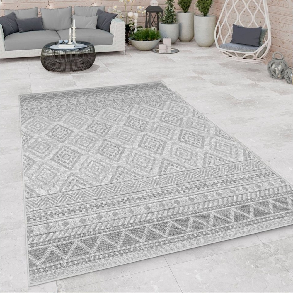 Paco Home In-& Outdoor Teppich Balkon Terrasse Küchenteppich Modernes Boho Ethno Muster, Grösse:160x220 cm, Farbe:Grau 2 Bild 1