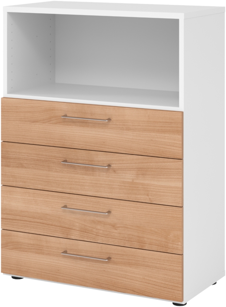 bümö smart Schubladenschrank, Büroschrank 80cm breit in Weiß/Nussbaum mit 4 Schüben & 1 Regalfach - Bürocontainer aus Holz, Container mit Metallgriffen & Soft-Stop Schubladen, 938S4-W-N-BS Bild 1