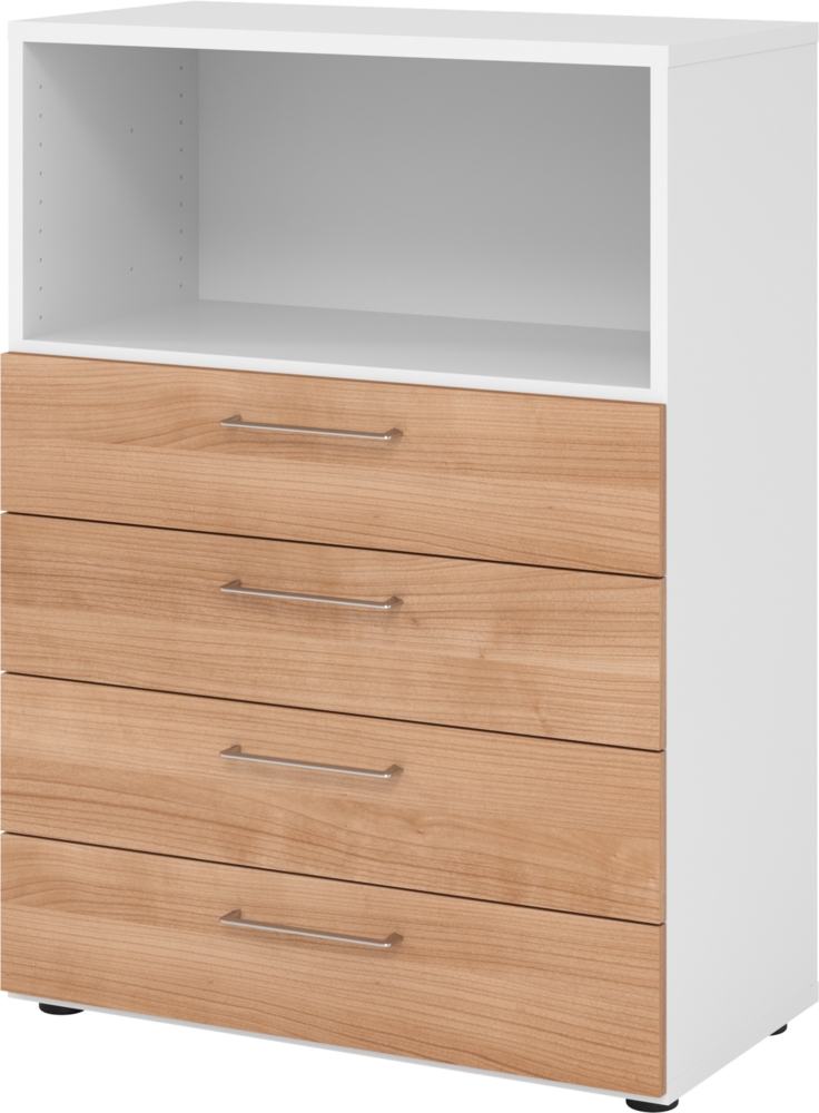 bümö smart Schubladenschrank, Büroschrank 80cm breit in Weiß/Nussbaum mit 4 Schüben & 1 Regalfach - Bürocontainer aus Holz, Container mit Metallgriffen & Soft-Stop Schubladen, 938S4-W-N-BS Bild 1