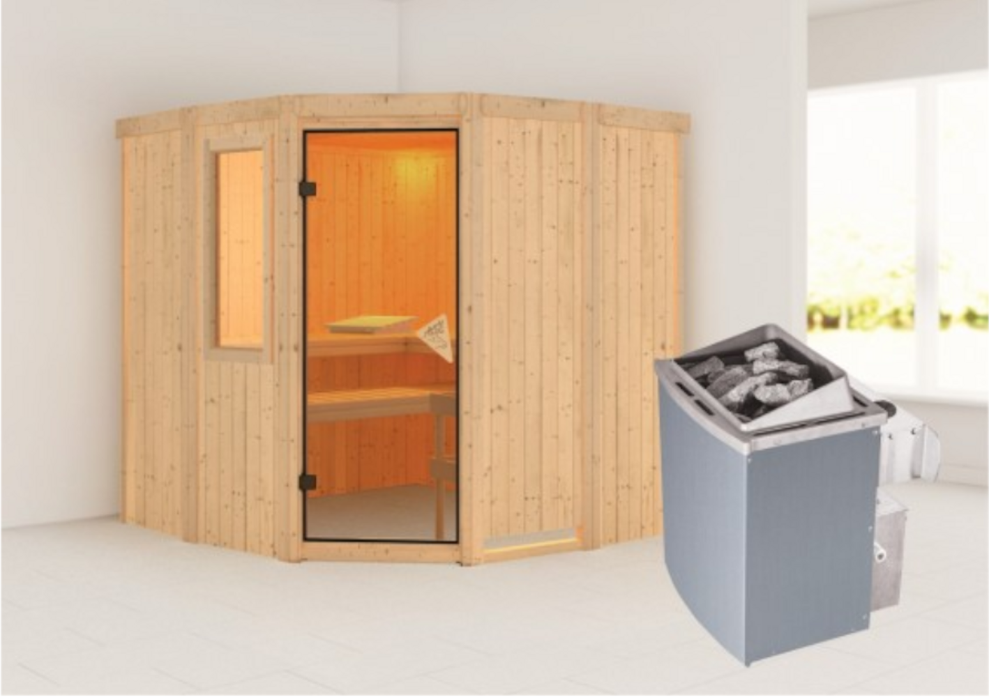 Karibu Sauna Simara 1 mit Fenster + 9kW Saunaofen mit integrierter Steuerung Bild 1