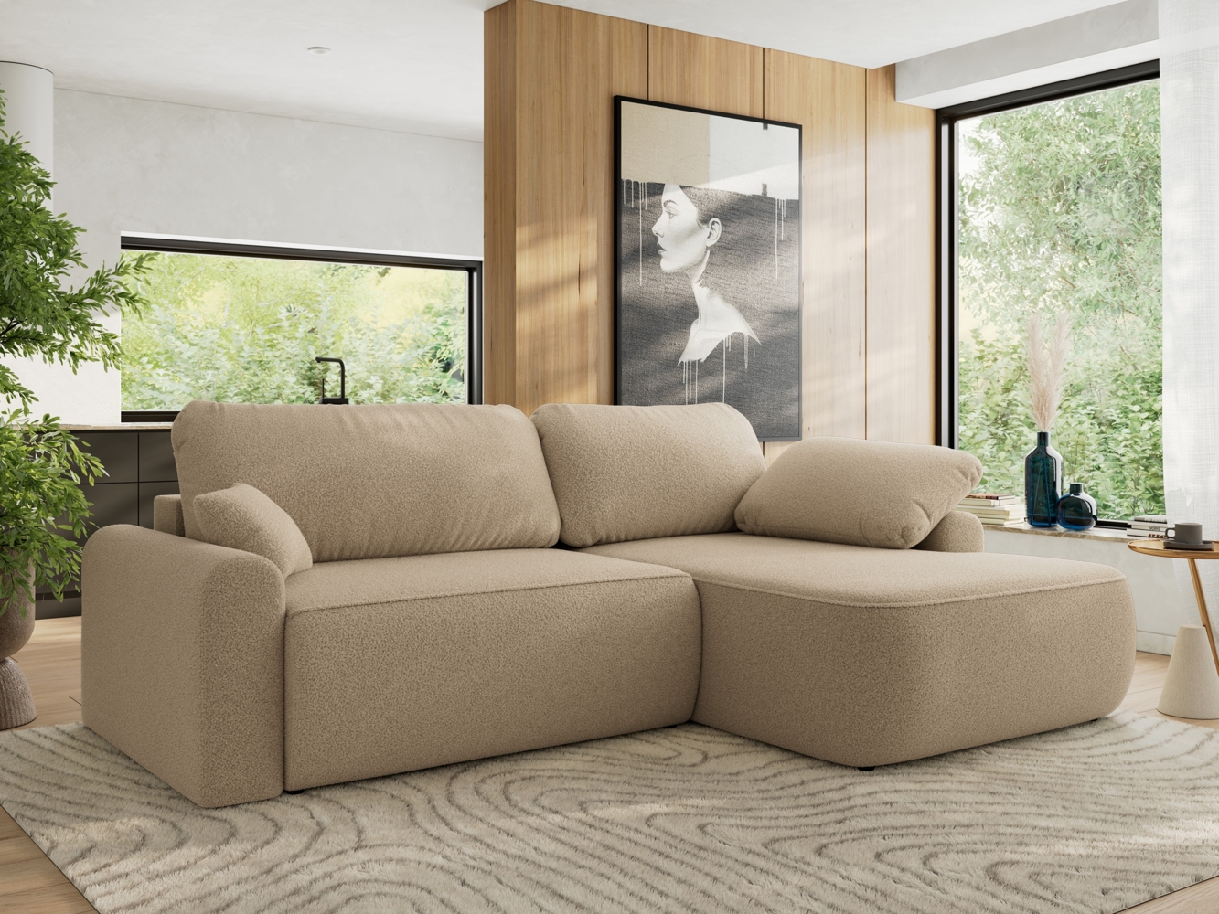 Ecksofa, L-förmiges, lose Kissen, DL-Schlaffunktion, (H 100 x T 187 x B 273 cm) - CUBO L - Boucle Hellbraun - rechte Seite Bild 1