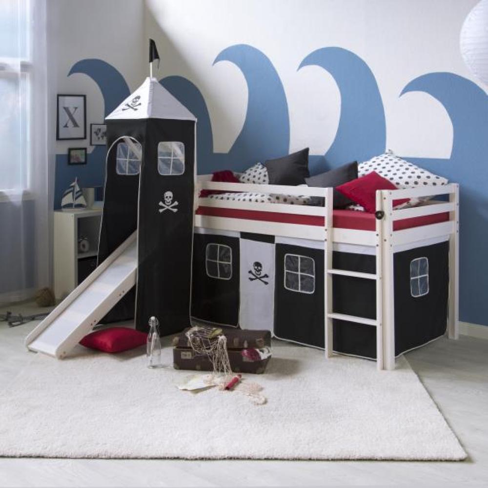 Homestyle4u Spielbett mit Turm und Rutsche, Pirat, Kiefernholz schwarz / weiß, 90x200 cm Bild 1