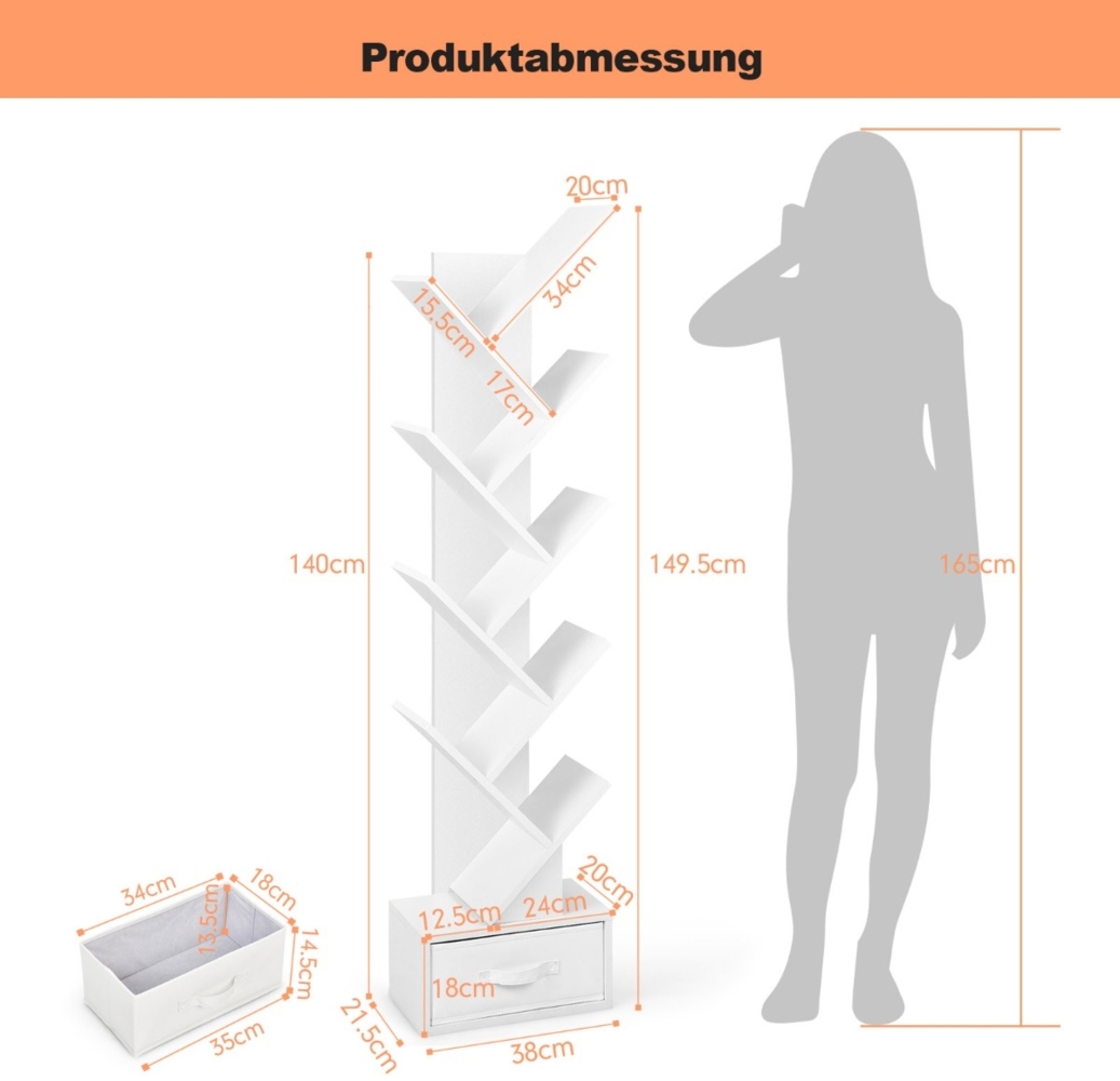 10-stöckiges Baum-Bücherregal mit Schublade Bodenstehendes Lagerregal Weiß Bild 1