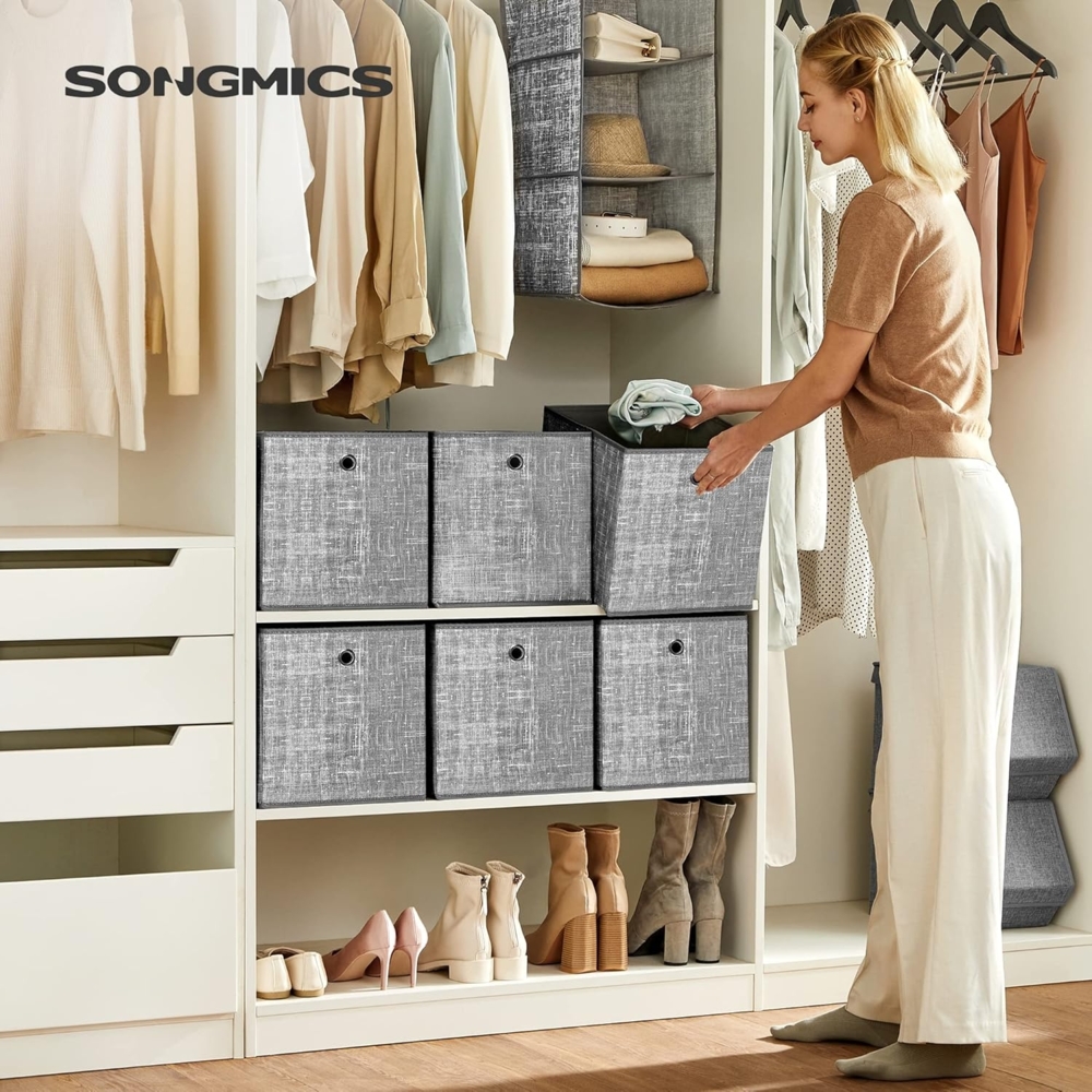 SONGMICS Aufbewahrungsbox, 6er Set, Ordnungsboxen aus Vliesstoff mit Griff, Boxen Aufbewahrung, 30 x 30 x 30 cm, Organizer Box, für Würfelregal, Faltbox, Kleideraufbewahrung, grau meliert RFBDE002G02V1 Bild 1