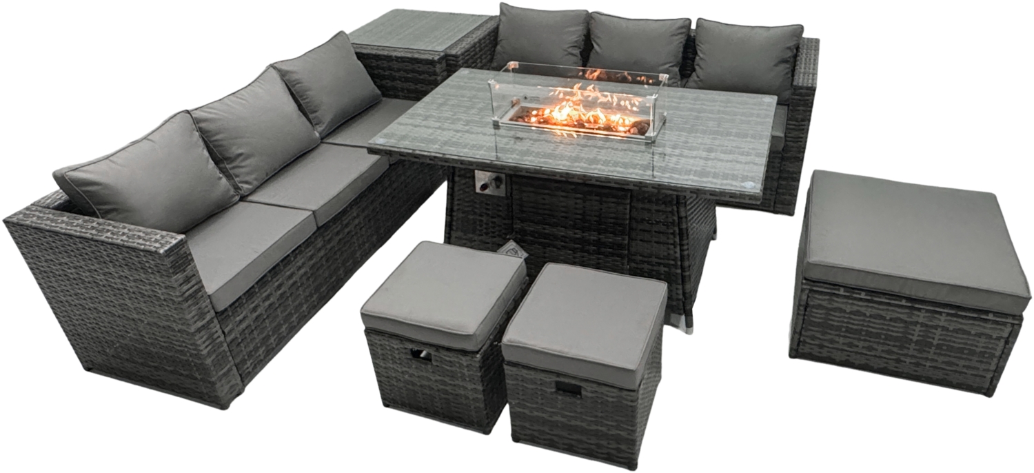 Fimous Rattan Gartenmöbel Set 6-Sitzer Garten Sofa Gas Feuertisch Set mit Beistelltisch 3 Hockern Bild 1