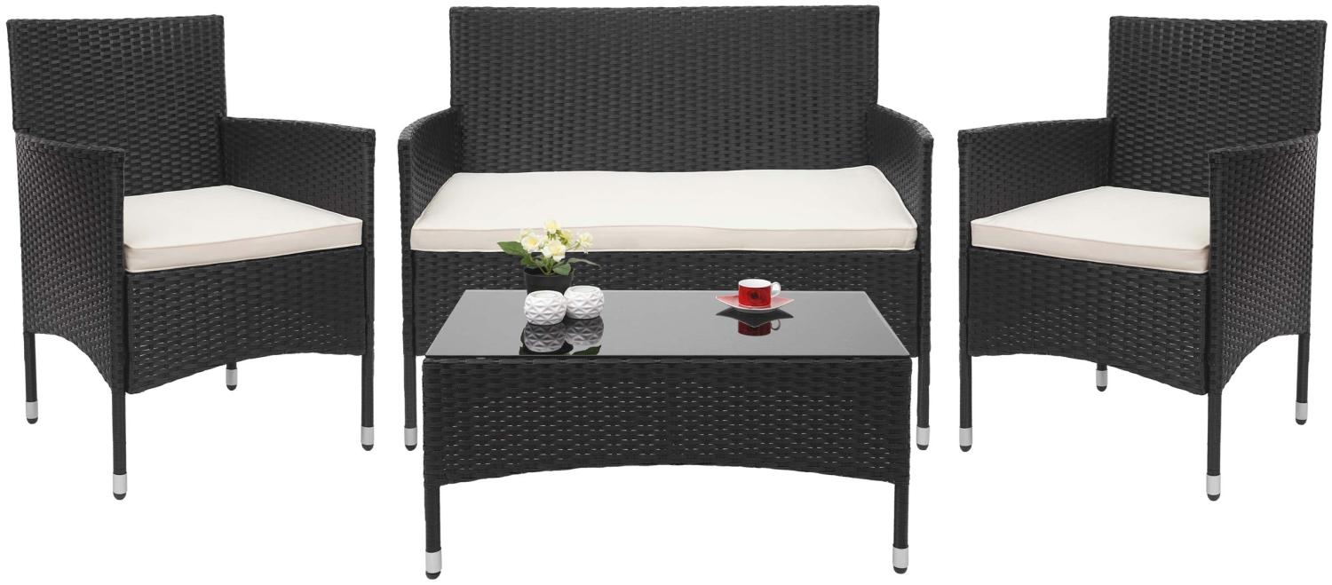 Poly-Rattan Garnitur HWC-F55, Balkon-/Garten-/Lounge-Set Sofa Sitzgruppe ~ schwarz, Kissen creme Bild 1