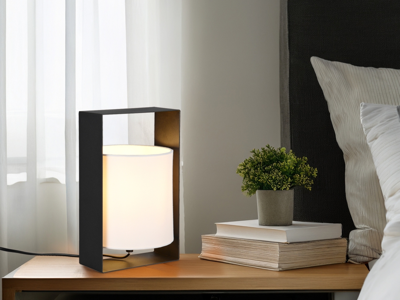 Moderne LED Tischlampe Metallrahmen Schwarz, Stoffschirm Weiß, Höhe 27cm Bild 1