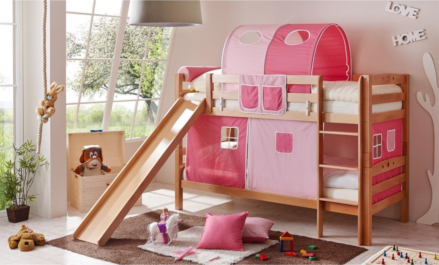 Etagenbett mit Rutsche Lupo Buche Natur - rosa-pink Bild 1