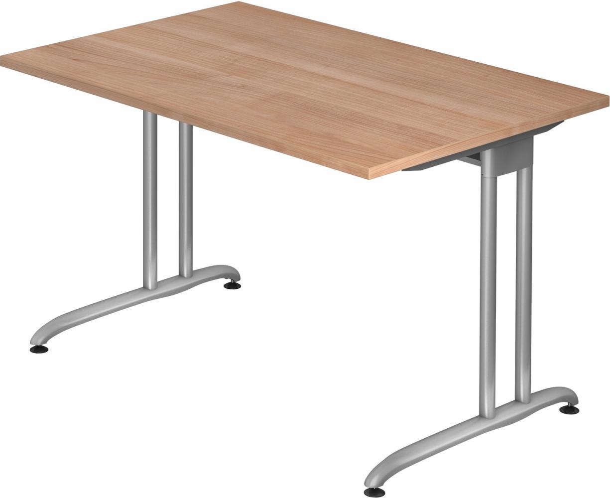 bümö Schreibtisch klein Serie 120x80 cm, Tischplatte aus Holz in Nussbaum, Gestell aus Metall in Silber - PC Tisch, kleiner Computertisch für's Büro, Office Bürotisch, BS-12-N Bild 1