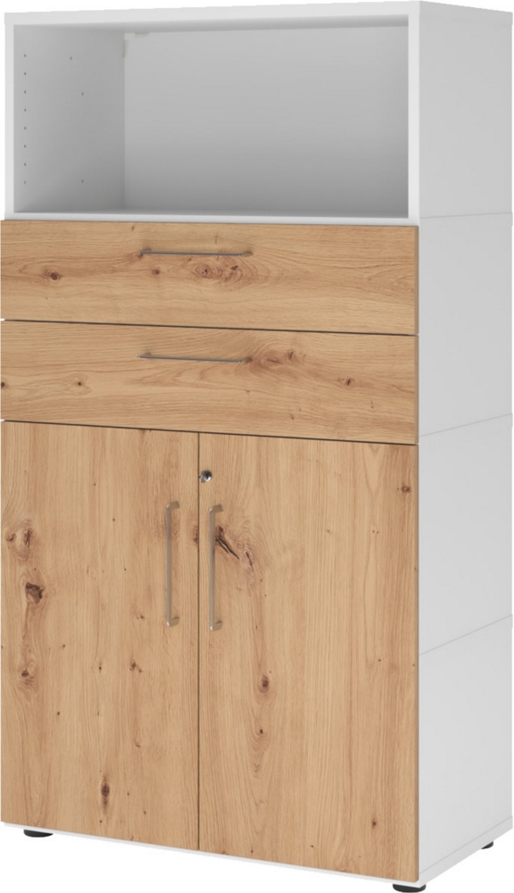 bümö flexi Aktenschrank abschließbar mit Flügeltüren & 2 Schubladen in Weiß/Asteiche, Büroschrank mit werkzeuglosem Schnellmontage-Klicksysten in modularer Bauweise, FW48K2KG-W-R-BS Bild 1