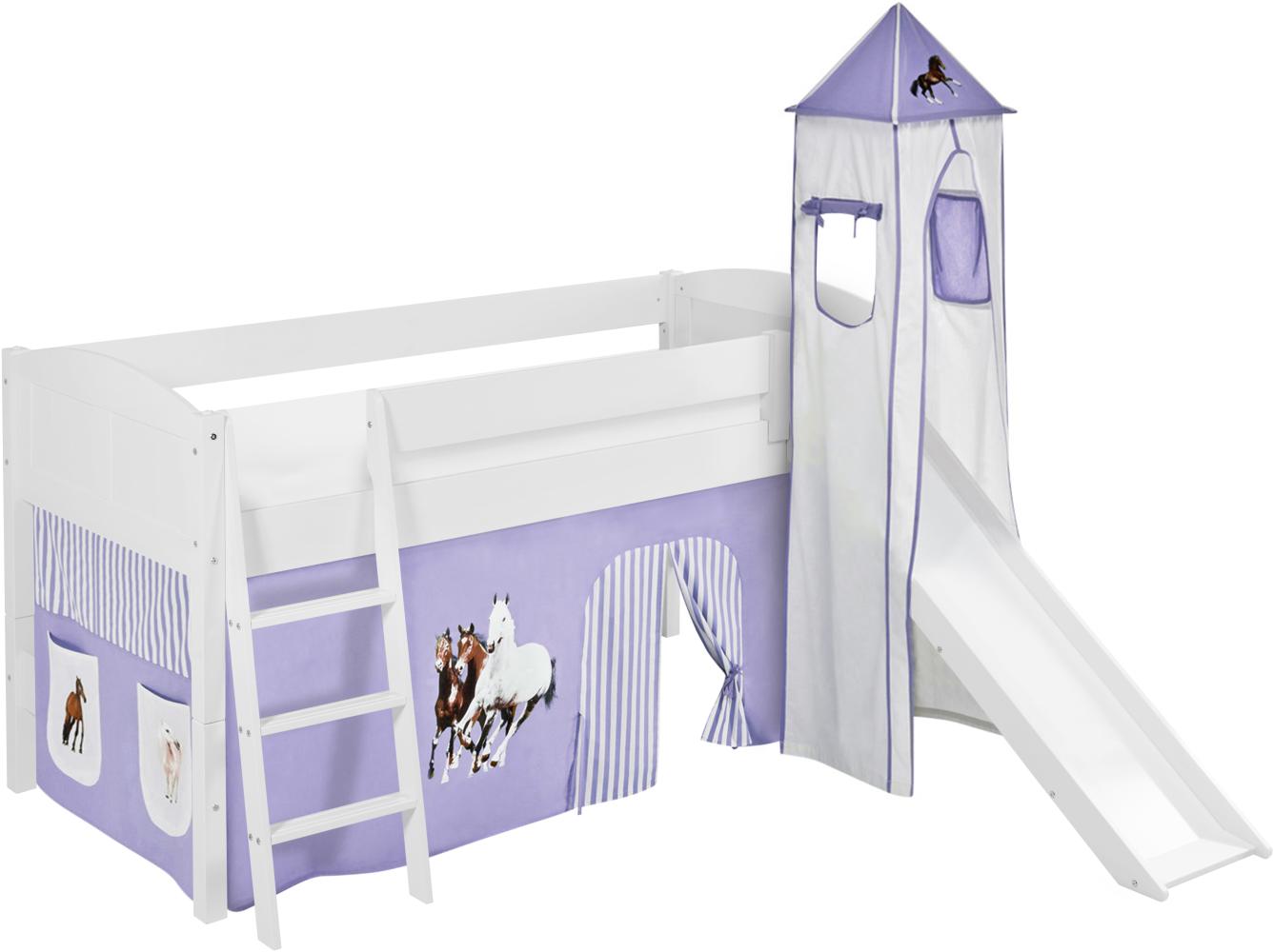 Lilokids 'Ida 4106' Spielbett 90 x 200 cm, Pferde Lila Beige, Kiefer massiv, mit Turm, Rutsche und Vorhang Bild 1