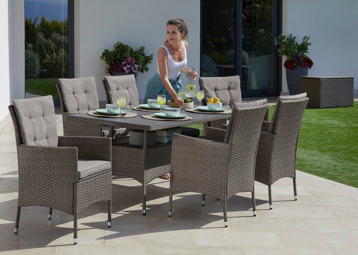 KONIFERA Garten-Essgruppe Mailand, (Set, 19-tlg, 6x Sessel, 1xTisch 150x80 cm, inkl. Auflagen, Polyrattan), Tischplatte aus Sicherheitsglas, Staufläche unter dem Tisch Bild 1