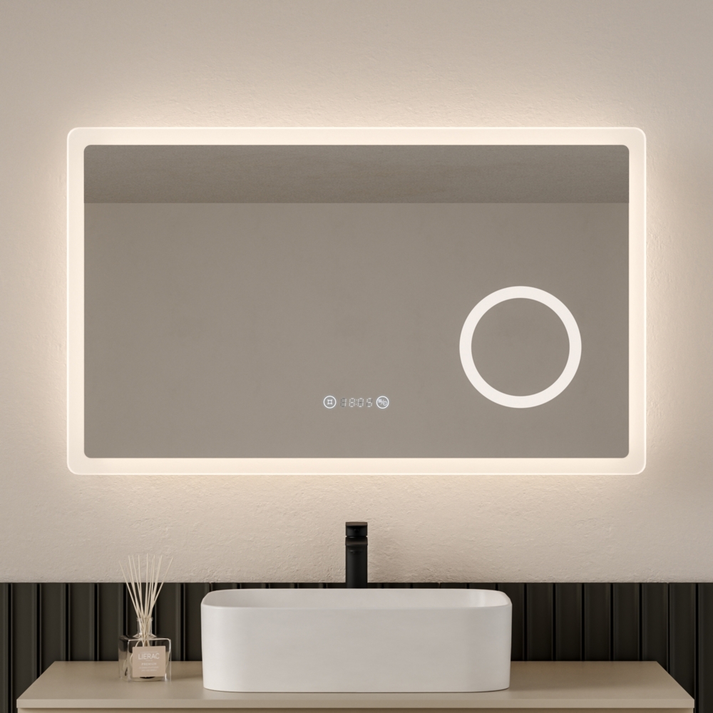 EMKE LED Badspiegel 100x60cm Uhr 3 Lichtfarben Dimmbar 3-fache Vergrößerung Bild 1