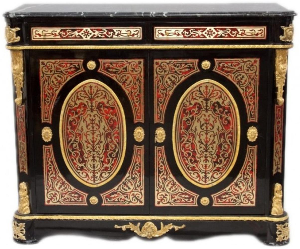 Casa Padrino Barock Boulle Kommode Schwarz / Gold / Rot mit Marmorplatte 125 cm - Möbel Schrank Sideboard Bild 1