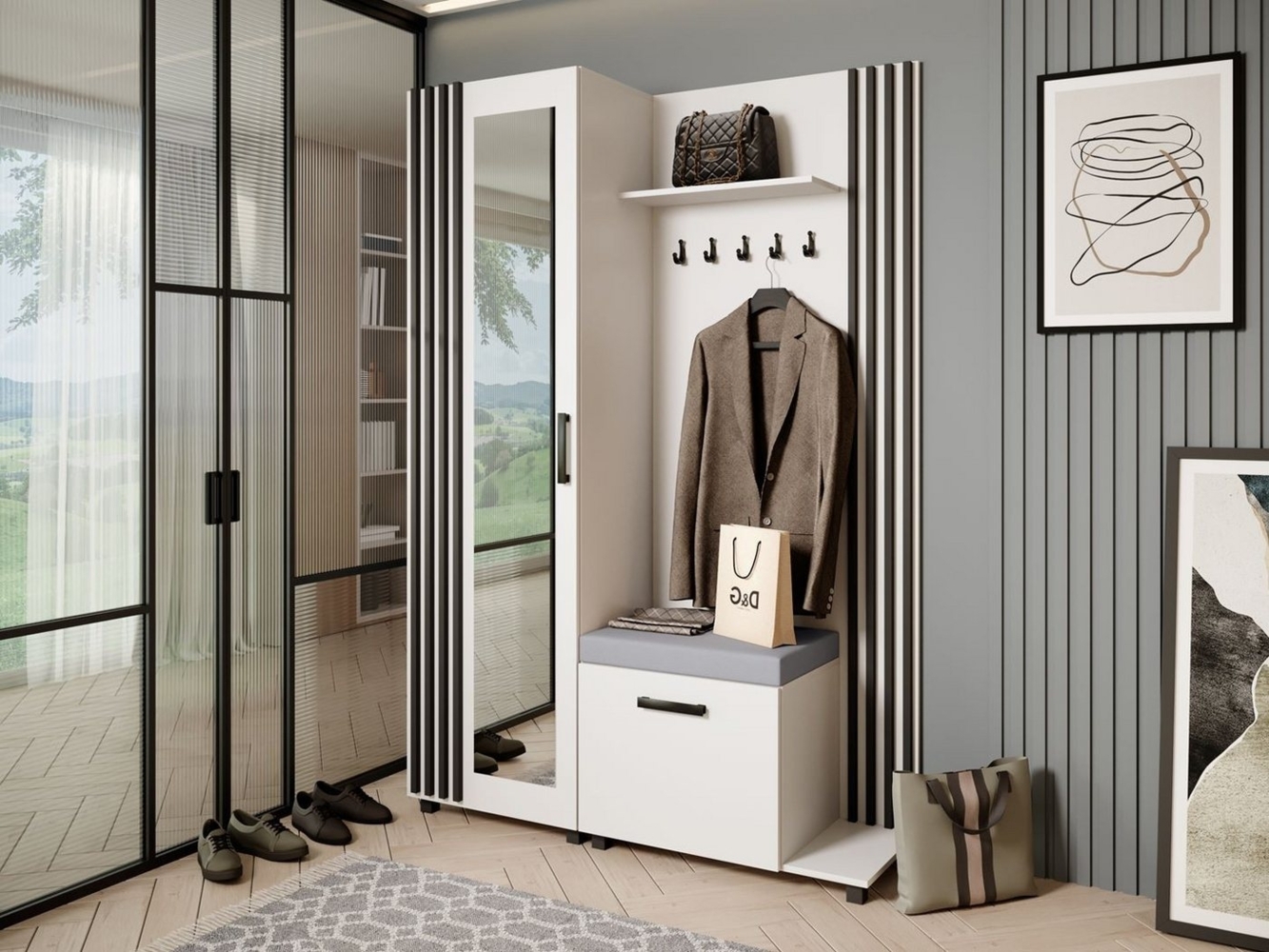 Beautysofa Garderobenschrank Garderoben-Set mit Aufhängern und Spiegel LIVIA (Geräumiger Schuhschrank) mit praktischer Kleiderstange Bild 1