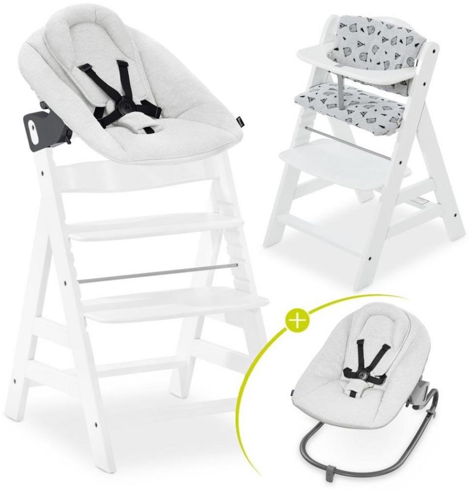 Hauck Hochstuhl Alpha Plus White - Newborn Set Light Grey, Holz Babystuhl ab Geburt inkl. Aufsatz für Neugeborene & Sitzauflage Bild 1