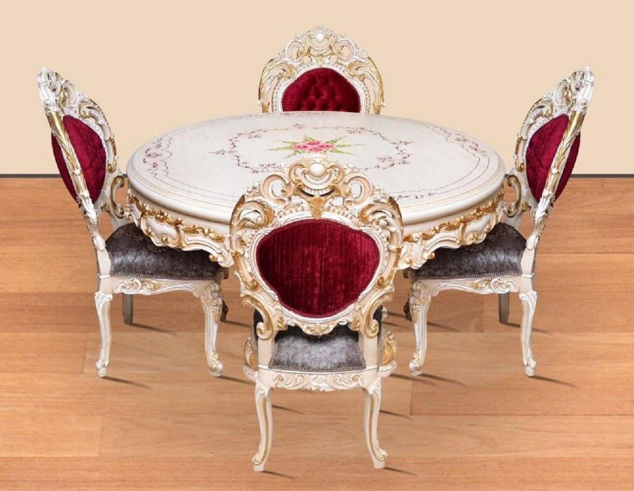 Casa Padrino Barock Esszimmer Set Bordeauxrot / Grau / Weiß / Gold - 1 runder Esstisch & 4 Esszimmerstühle - Prunkvolle Esszimmer Möbel im Barockstil Bild 1