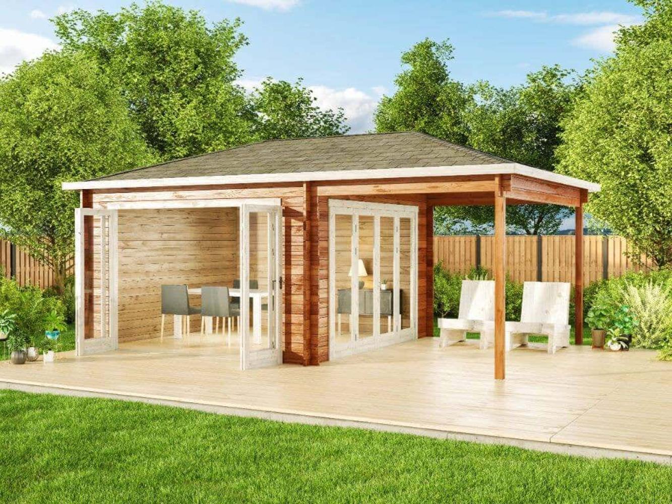 Alpholz Gartenhaus Sunshine ISO mit Schleppdach Gartenhaus aus Holz Holzhaus mit 40 mm Wandstärke inklusive Terrasse Blockbohlenhaus mit Montagematerial Bild 1