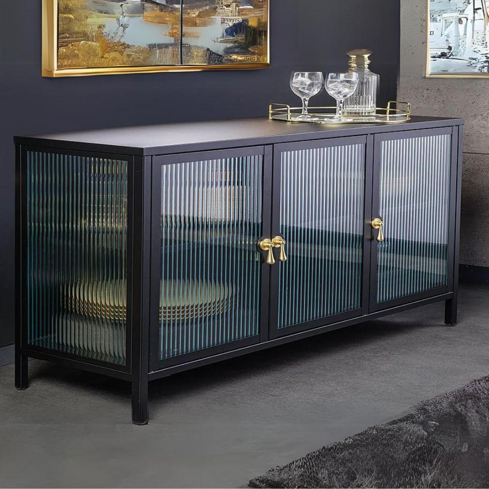 Modernes Vitrinen-Sideboard TRIADO 105cm schwarz Metall Riffelglas Bild 1