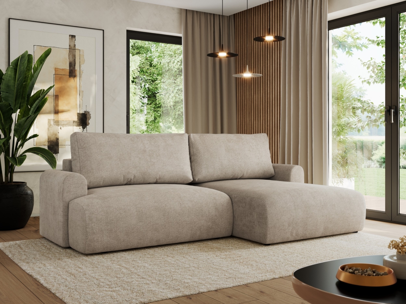 L-förmiges Ecksofa mit losen Kissen und Armlehnen für das Wohnzimmer, Ecksofa mit Schlaffunktion, Bettkästen - TONO - Beige Struktur - rechte Seite Bild 1