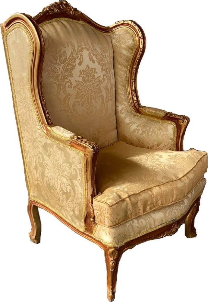 Casa Padrino Barock Ohrensessel Cremefarben / Braun / Gold - Handgefertigter Antik Stil Wohnzimmer Sessel mit elegantem Muster - Barock Wohnzimmer Möbel Bild 1