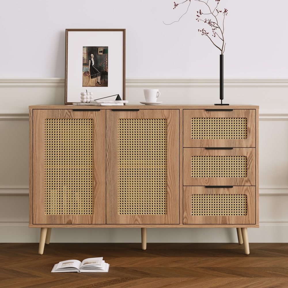 Merax Vintage Rattan Sideboard mit 2 Türen und 3 Schubladen, ausgestattet mit schwarzen Griffen für Esszimmer, Küche und Wohnzimmer (Naturholz) Bild 1