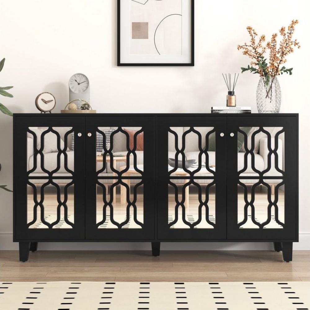 Merax Sideboard mit Spiegelelementen und geometrischem Trellis-Muster, Kommode mit Spiegelfront,Anrichte,B/H/T: 160/84/40cm Bild 1