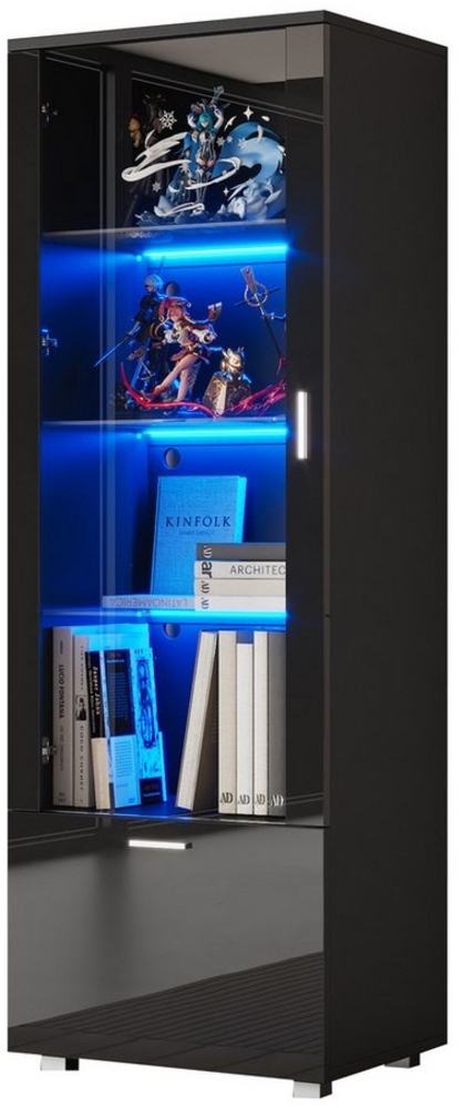 REDOM Vitrine schwarze Vitrine mit Acrylglas-Tür (Hochschrank, Lagerschrank, Highboard, Lagerschränke, 1-St, 3 Fachböden und 1 Schublade) mit LED-Beleuchtung in 20 Farben, gehärteten Glasböden Bild 1