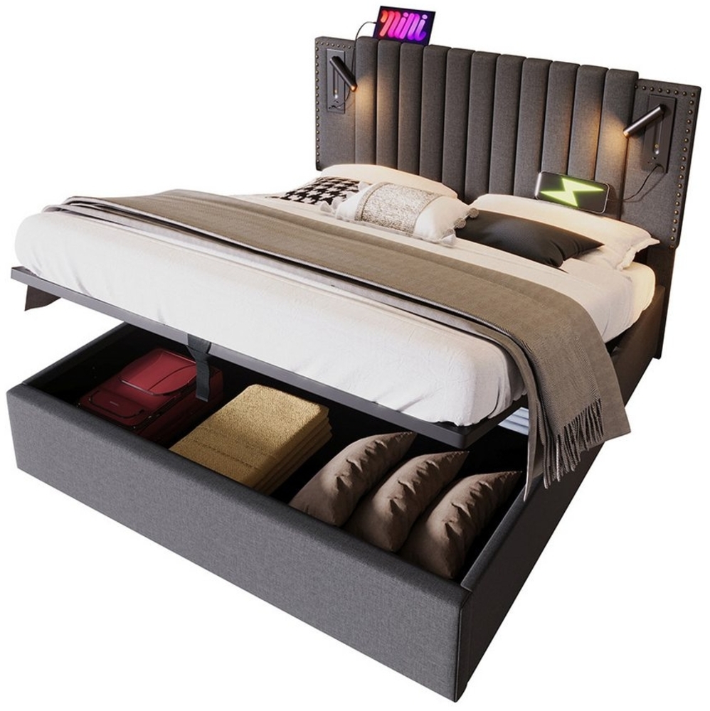 PHOEBE CAT Boxspringbett Hydraulisches Funktionsbett Stauraumbett mit Bettkasten und Lattenrost (Doppelbett, Ohne Matratze), Polsterbett 180x200 cm mit Leselicht und Ladefunktion, Baumwolle, Grau Bild 1