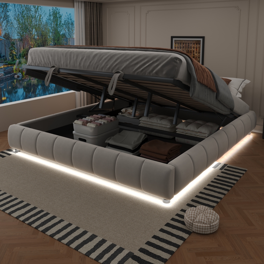 Merax Polsterbett Doppelbett 180 x 200 cm, ohne Kopfteil, mit LED-Lichtleiste (einfarbig), Hydraulischer Schwebebettrahmen mit Stauraum, Beige Bild 1