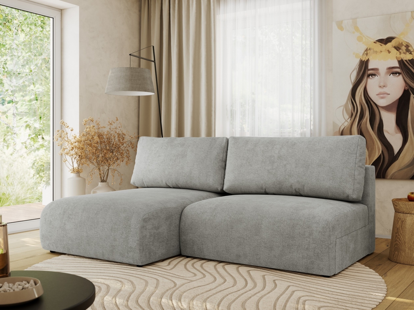 Ecksofa mit Schlaffunktion, lockere Kissen, Wohnzimmerecke mit L-förmigem und Bettkästen, Wellenfeder auf dem Sitz - VIVO - Hellgrau Struktur - linke Seite Bild 1