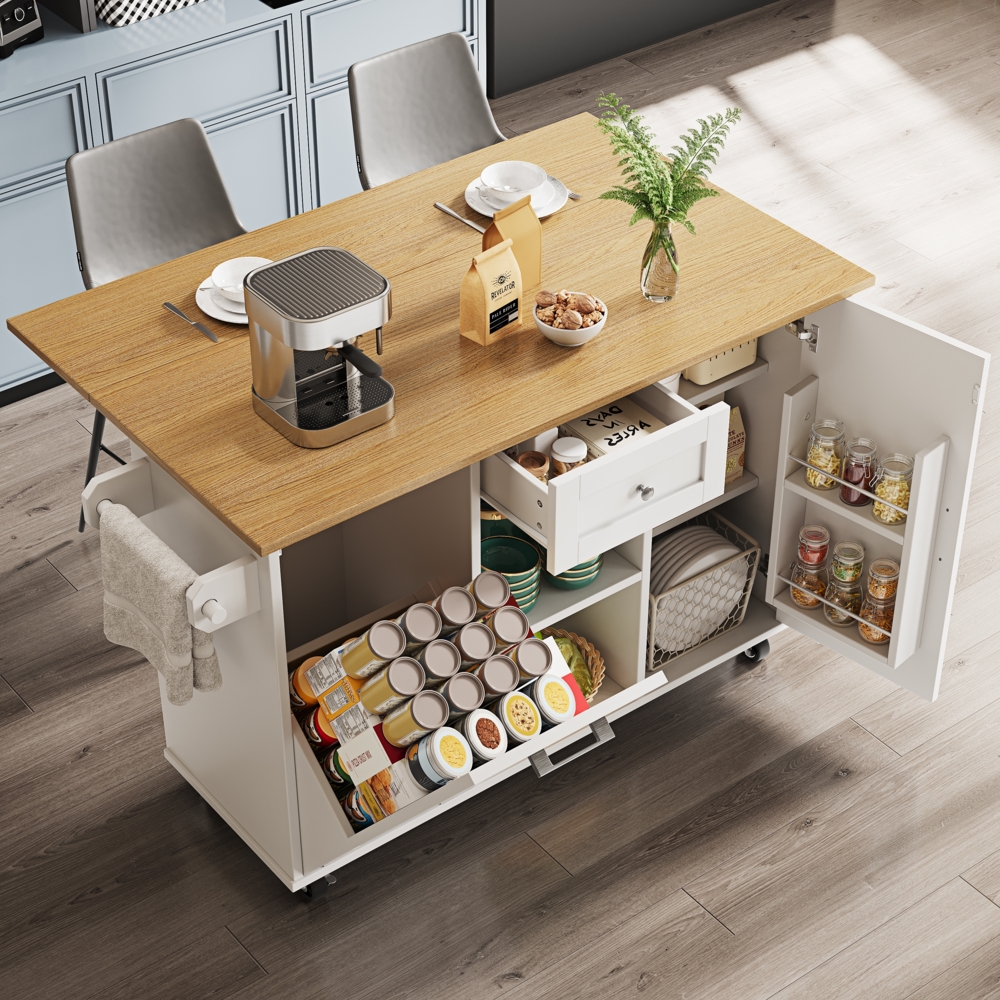 Moderne Kücheninsel Küchenschrank für Mülleimer buffetschrank Multifunktionale Esstisch mit Speicherraum Speisewagen mit Snackregalen und Stretchfunktionsschränken weiß Bild 1