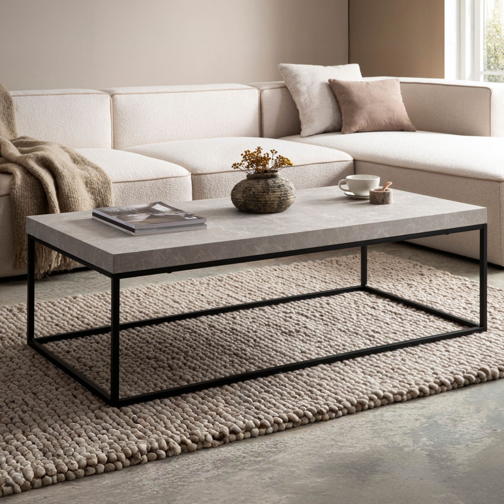 FINEBUY Couchtisch FB59745 (120 cm MDF, Wohnzimmertisch Stein Optik Sandfarben), Sofatisch Beige Modern, Kaffeetisch Rechteckig Bild 1