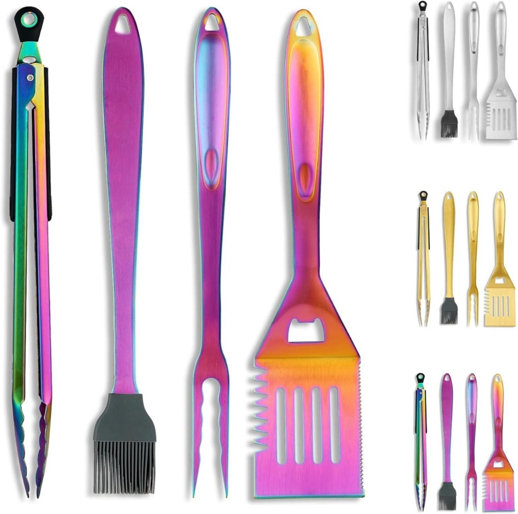 Regenbogen Grillzubehör-Set, 4-teilig, Titan-Edelstahl, hitzebeständig, BBQ & Camping Bild 1