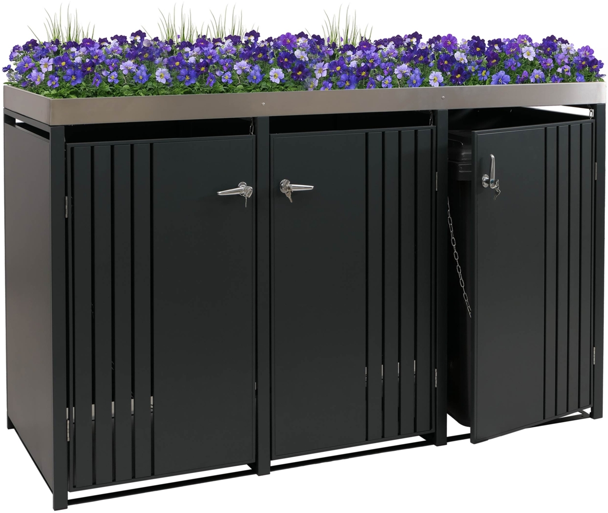3er-Mülltonnenverkleidung HWC-O67, Mülltonnenbox mit Pflanzkasten, Metall 125x196x84cm 75kg ~ anthrazit Bild 1