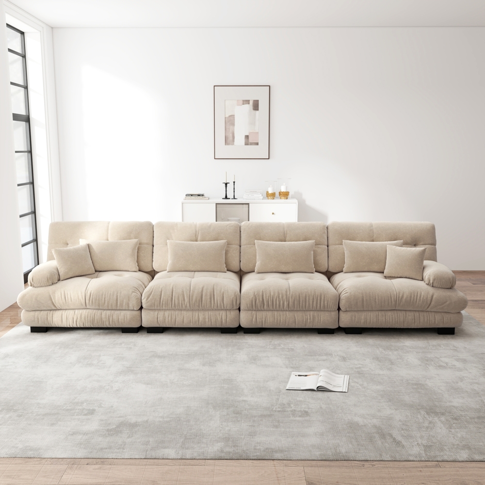 Ecksofa, 4-Sitzer modulares Ecksofa mit Tiefensitz Chenille Schlafsofa komfortabel gepolstert für Wohnzimmer Apartment Studio Büro, Chenille, Hellbraun Bild 1