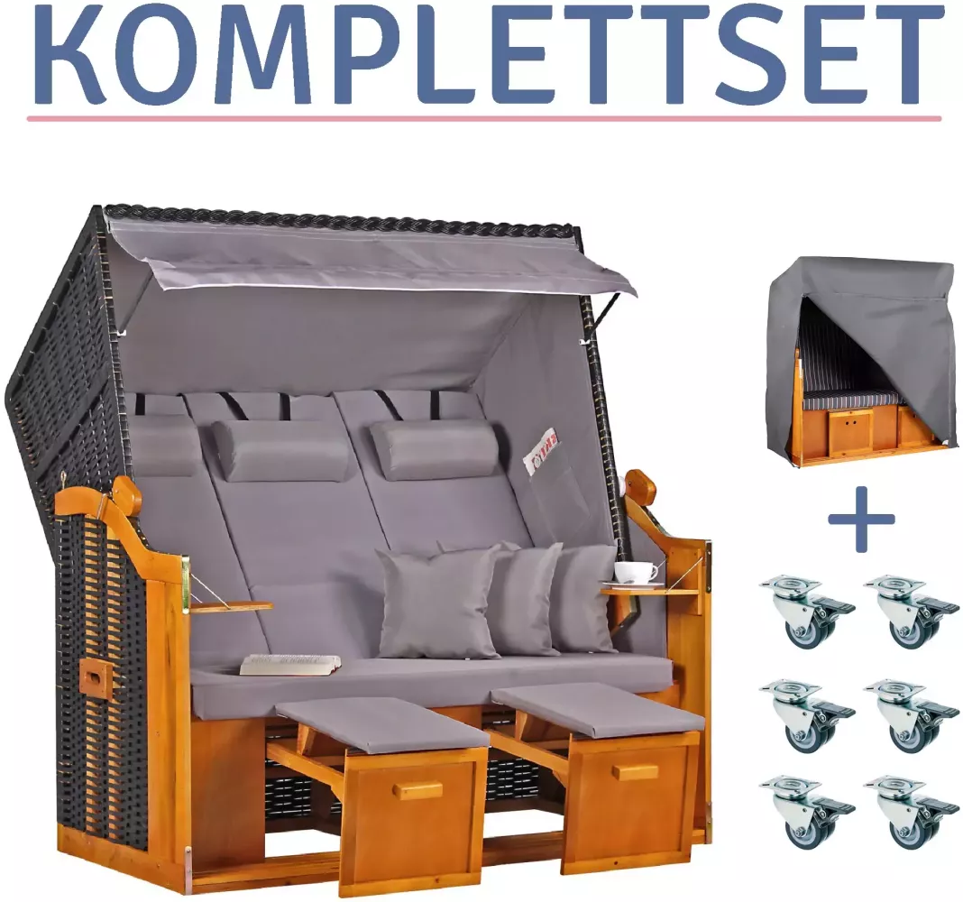 Strandkorb Baltic Dreisitzer PE schwarz Dessin Uni Grau-KOMPLETTSET Bild 1