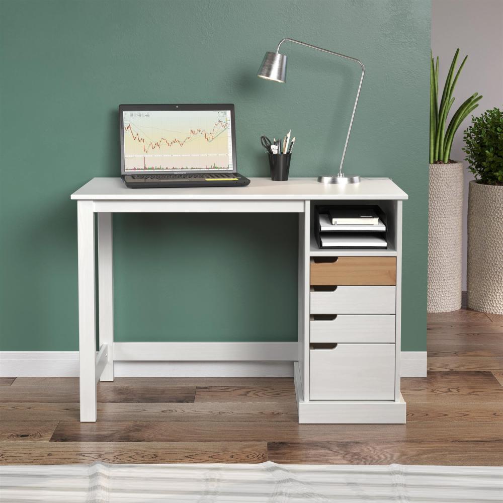 Schreibtisch >Medford< in Pine Weiß Honig aus Massivholz - 108 x 75 x 55 cm (BxHxT) Bild 1