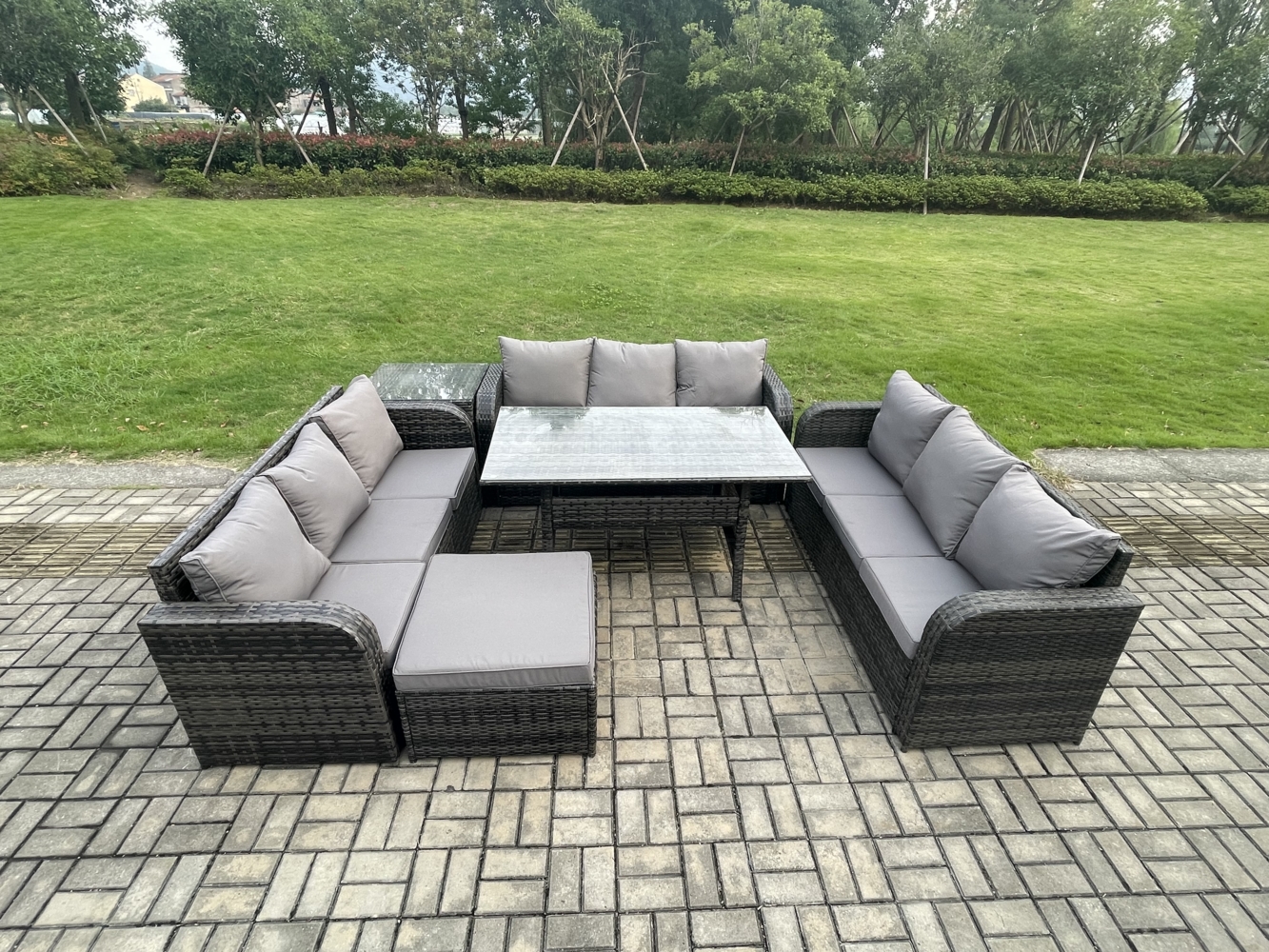 Fimous Rattan Gartenmöbel-Set mit Langer rechteckiger Esstisch Großer Fußhocker Beistelltisch 10 Sitzer Outdoor Garten Sofa Set Dunkelgrau gemischt Bild 1