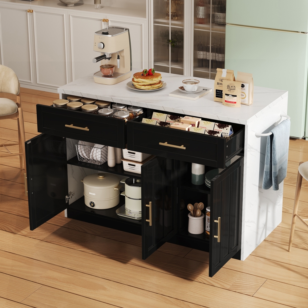 Merax Kücheninsel, mit Steckdosen, USB-Anschlüsse, 1,5m langes Netzkabel, mit verstellbare Einlegeböden, Metallgriffe, Handtuchhalter, schwarz Bild 1