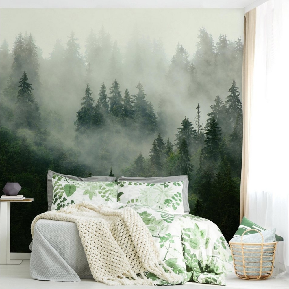 Bilderdepot24 Fototapete Tannenwald Nebel Wald Natur Landschaft grün moderne Wanddeko XXL, Glatt, Matt, (Vliestapete inkl. Kleister oder selbstklebend), Wohnzimmer Schlafzimmer Küche Flur Motivtapete Vliestapete Wandtapete Bild 1