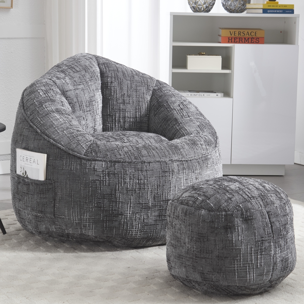 LVHOM Klassischer Sitzsack mit Hocker, Bean Bag mit Sitzpuff, Chenille Kuschelstuhl Sitzsäcke, 89 x 88 x 76 cm Bild 1